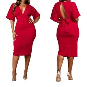 New! J BROOKS BOUTIQUE Size 1XL Sexy Fire Red Mia Deep Plunge Open Back‎ Dress